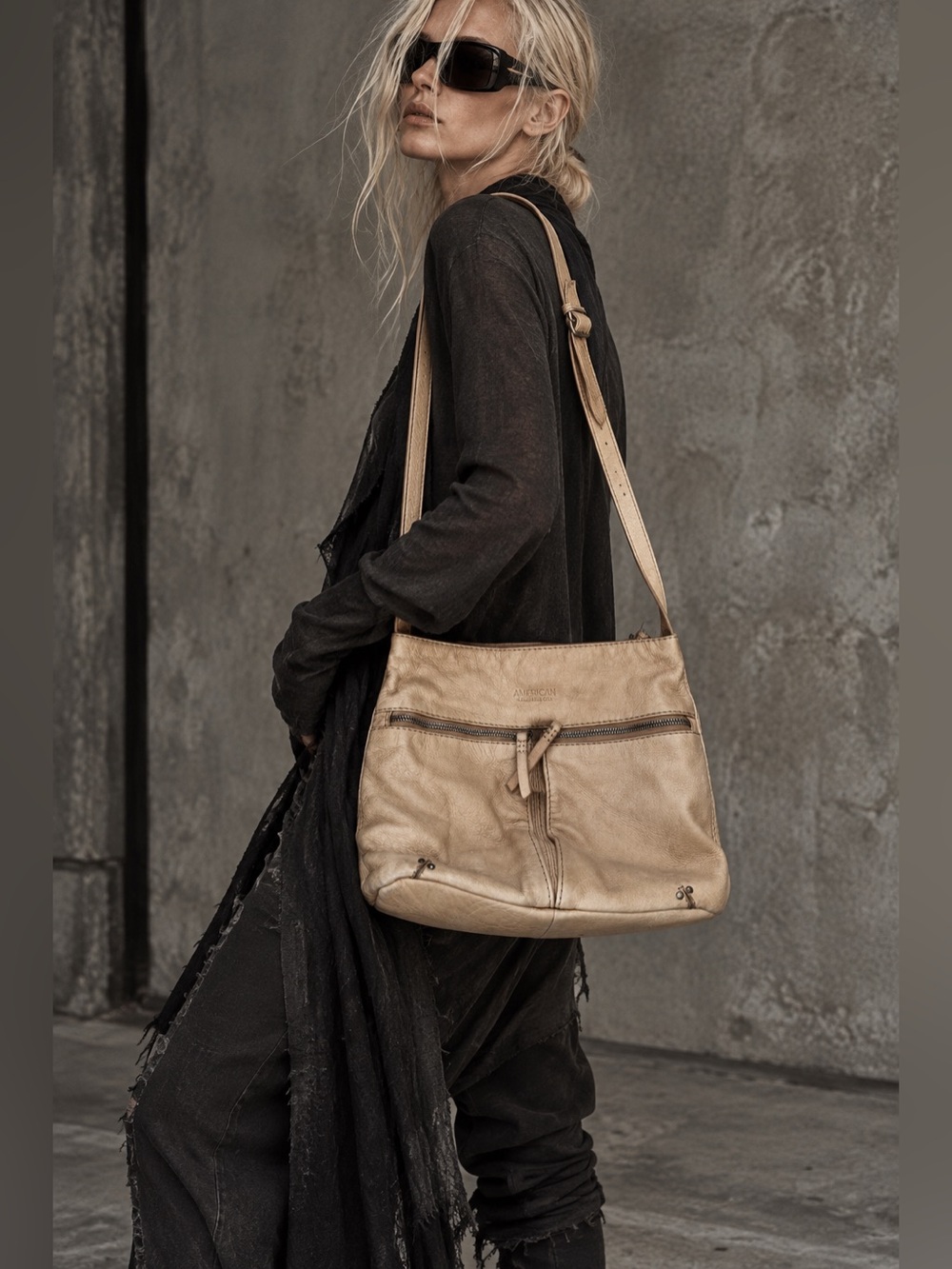American Leather Co. Tan Genuine Leather Crossbody Shoulder Bag Boho Distressed